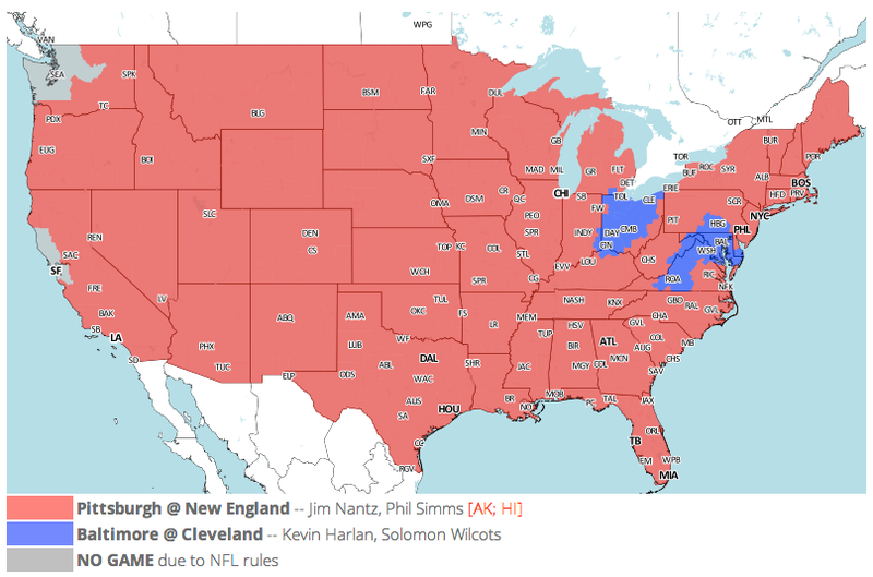 Illustration for article titled Which TV Market's Getting Screwed Today? Your Week 9 NFL Viewing Maps